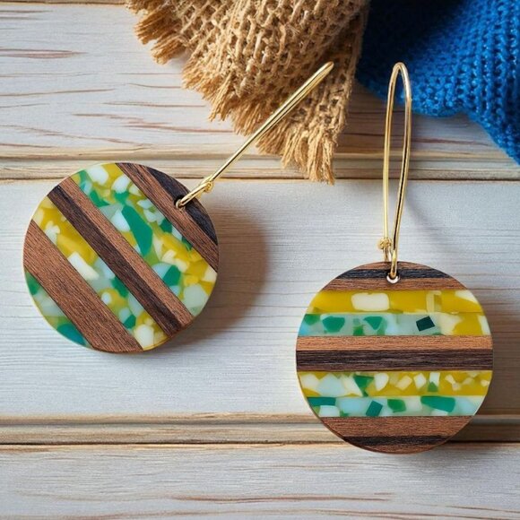 🆕 Handcrafted Wood & Resin Trendy Round Earrings With Golden Color Alloy Hooks - Picture 5 of 11